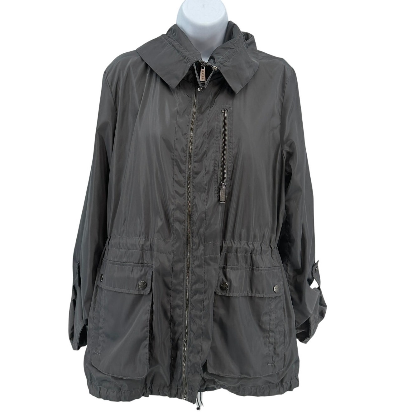 Dkny Jacket Wmns L Gray Full Zip Hooded Adjustable Waterproof Roll Tab Sleeves